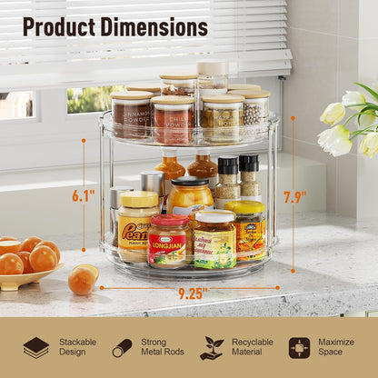 2 Tier Lazy Susan Organizer, 9.25'' Lazy Susan Turntable for Cabinet, Stackable Turntable Organizer Rotating Spice Rack Organization for Kitchen Countertop, Pantry, Bathroom, Clear