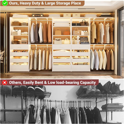 Aheaplus Closet System Set of 3, 138.5" Wood Closet Organizer System Tower with 12 Drawers & 4 Hanging Rods, 6.7+4.85Ft L Shaped Walk-in Closets Wardrobe Organizer Garment Rack with Shelves, White
