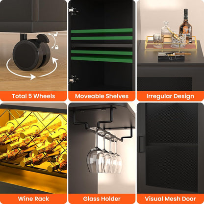 Wine Bar Cabinet with Wheels, Small Liquor Cabinet with LED Light, Home Bar Cart with Power Outlets, Coffee Bar with Wine Rack, Glasses Storage for Kitchen, Dining Room, Living Room, Black