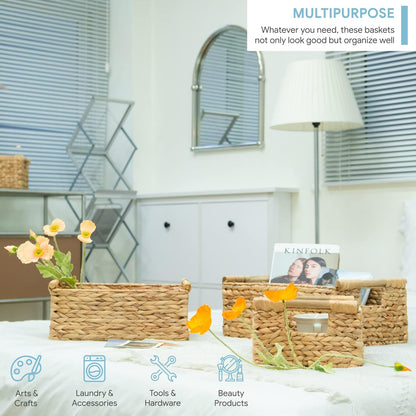 VATIMA Hyacinth Wicker Basket Set 3 size - Rectangular, Wooden Handles, Shelf Organizer, Natural Bins