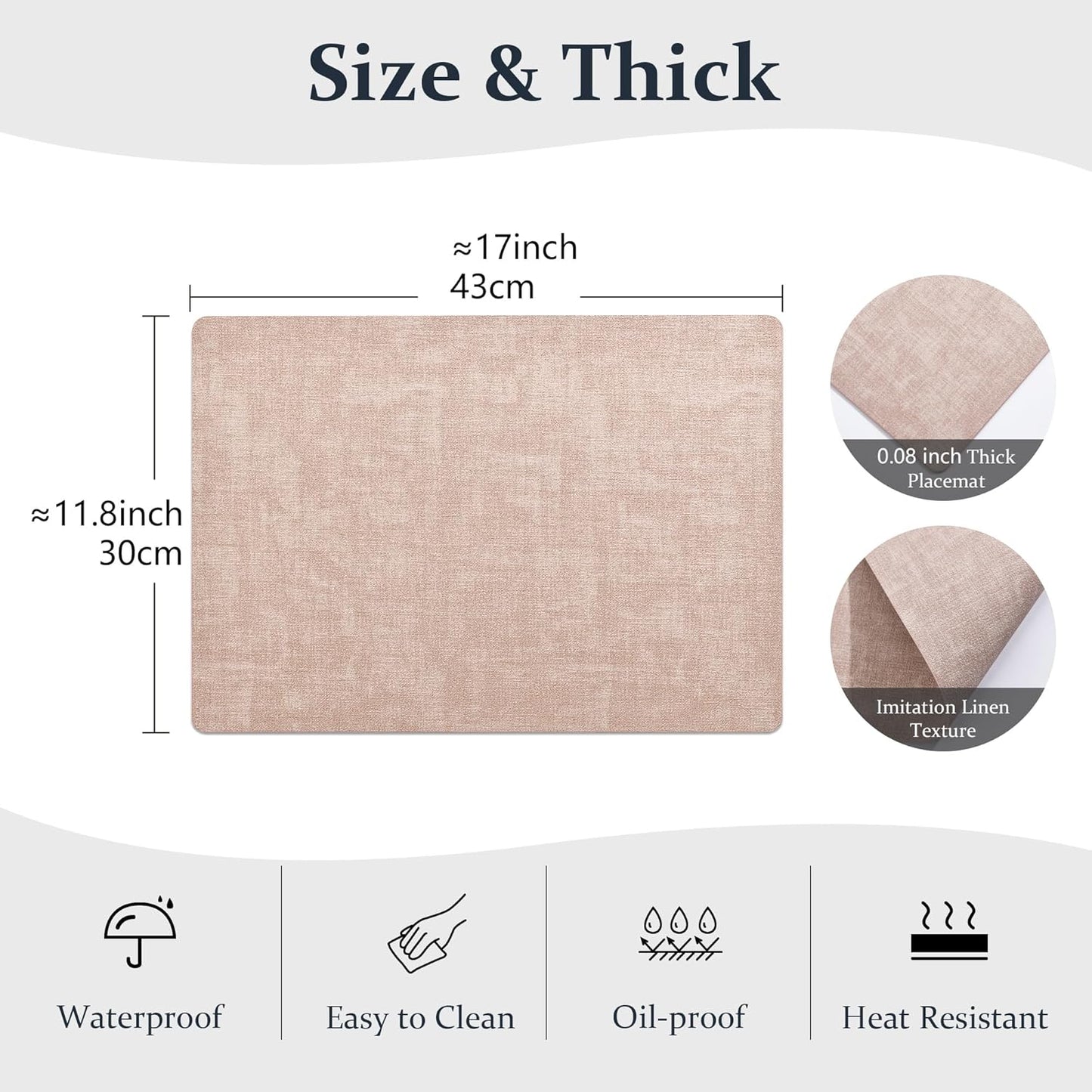 FROMHEART Faux Leather Placemats Set of 6–Waterproof,Heat/Oil Stain-Resistant PU Table Mat–Reversible,Non-Slip,Easy to Clean Place Mats for Kitchen,Dining,Indoor/Outdoor,(Pink,11.8" x 17")