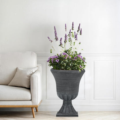 22" Large Urn Planters for Outdoor Plants, Set of 2 Plastic Flower Pot with Handmade Washed Black Finish, Weather-Resistant for Porch, Garden, Patio or Indoor Use