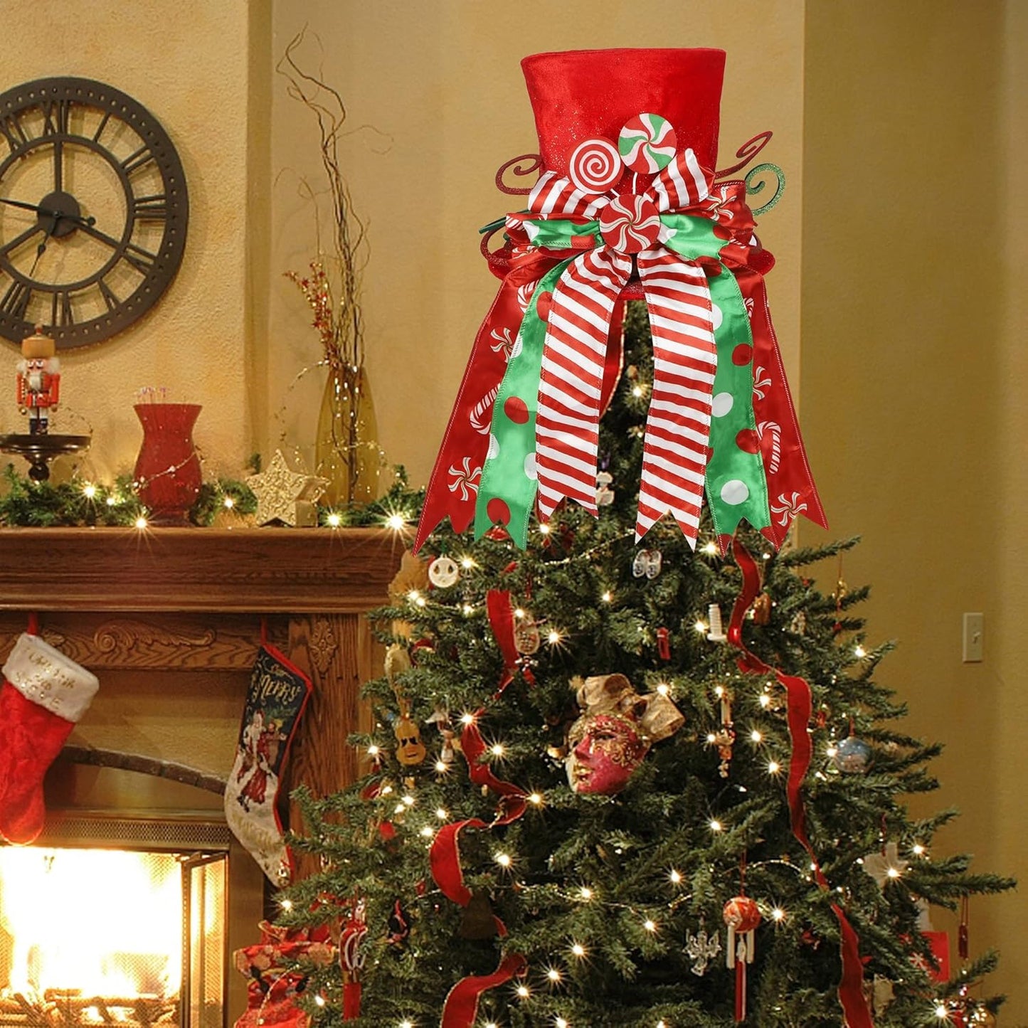 yofit Christmas Tree Topper Hat, Large Red Hat with Striped Bow Ribbon & Lollipop, Christmas Tree Decorations Top Hat, Desktop Ornaments for Home Xmas Holiday Winter Decor
