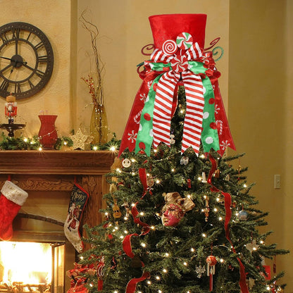 yofit Christmas Tree Topper Hat, Large Red Hat with Striped Bow Ribbon & Lollipop, Christmas Tree Decorations Top Hat, Desktop Ornaments for Home Xmas Holiday Winter Decor