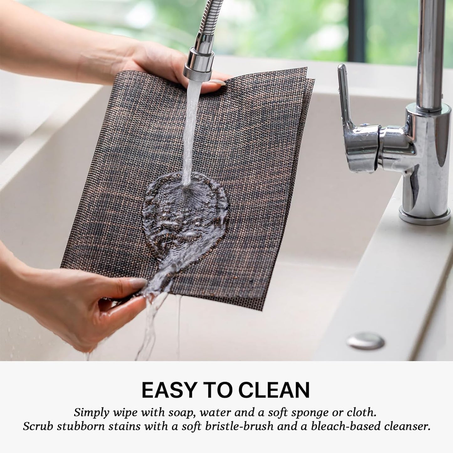 LEXMORE Placemats Set of 6 Vinyl/Plastic Woven Place Mats for Kitchen Table Indoor/Outdoor Washable Placemat Wipeable Dining Table Mats(A-Black/Brown)