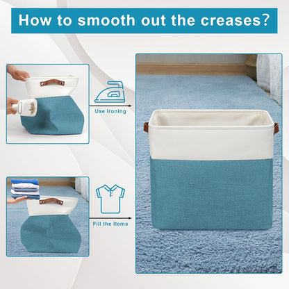 Large Fabric Storage Baskets | 50L Storage Bins, Decorative Linen Closet Baskets with Handles for Organizing, Shelf, Toys, Clothes, Home, Office, Nursery, 17x12x15Inches (Teal&White)