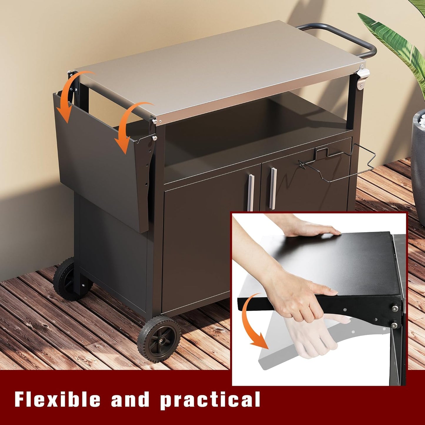 Vongrasig Grill Cart with Storage, Outdoor Bar Cart Rolling BBQ Cart Movable Pizza Oven Table Stand with Foldable Stainless Steel Top & Storage Cabinet, Black