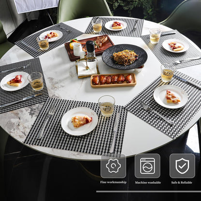 Vinyl Plastic Placemats Set of 6 Washable Heat Resistant Non-Slip Elegant Indoor Outdoor Kitchen Dining PVC Woven Table Place Mats (Black Silver Weaving)