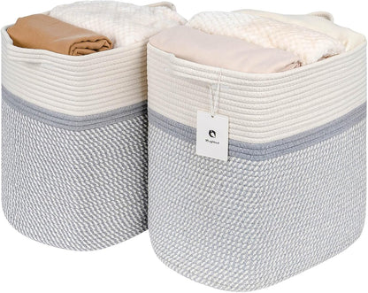 Storage Baskets for Clothes Fabric Cotton Rope Storage Basket with Handles, Decorative Woven Basket for Living Room,Closet Organizer Blankets, and 2bags (White/Gray, L16×W11.4×H15.9)