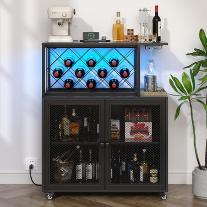 Wine Bar Cabinet with Wheels, 4-Tier Bar Cart with Power Outlets and LED Light, Liquor Cabinet Home Mini Bar with Wine Rack, Coffee Bar Cabinet for Liquor, Black