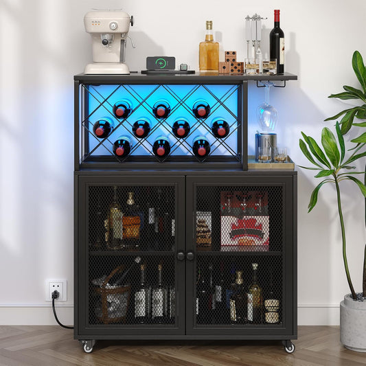 Wine Bar Cabinet with Wheels, 4-Tier Bar Cart with Power Outlets and LED Light, Liquor Cabinet Home Mini Bar with Wine Rack, Coffee Bar Cabinet for Liquor, Black