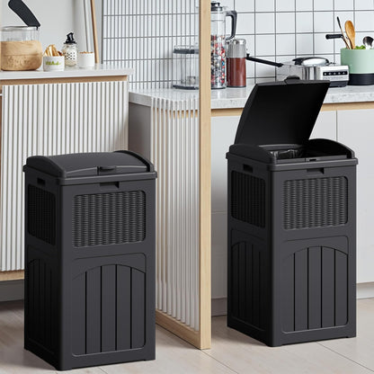 Devoko 33 Gallon Outdoor Trash Can with Dual Lid, Heavy Duty Waterproof Resin Garbage Bins Outside, Hideaway Waste Bins for Patio, Outside Pool, Backyard and Deck (2, Black)