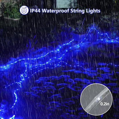 YEGUO 2 Packs Each 33ft 100 LED Solar Rope Lights Outdoor Waterproof, Solar Pool Light Blue, 8 Modes Solar Fairy Lights in Clear Thin Tube Outside for Camping Fence Patio Garden Trampoline Deck