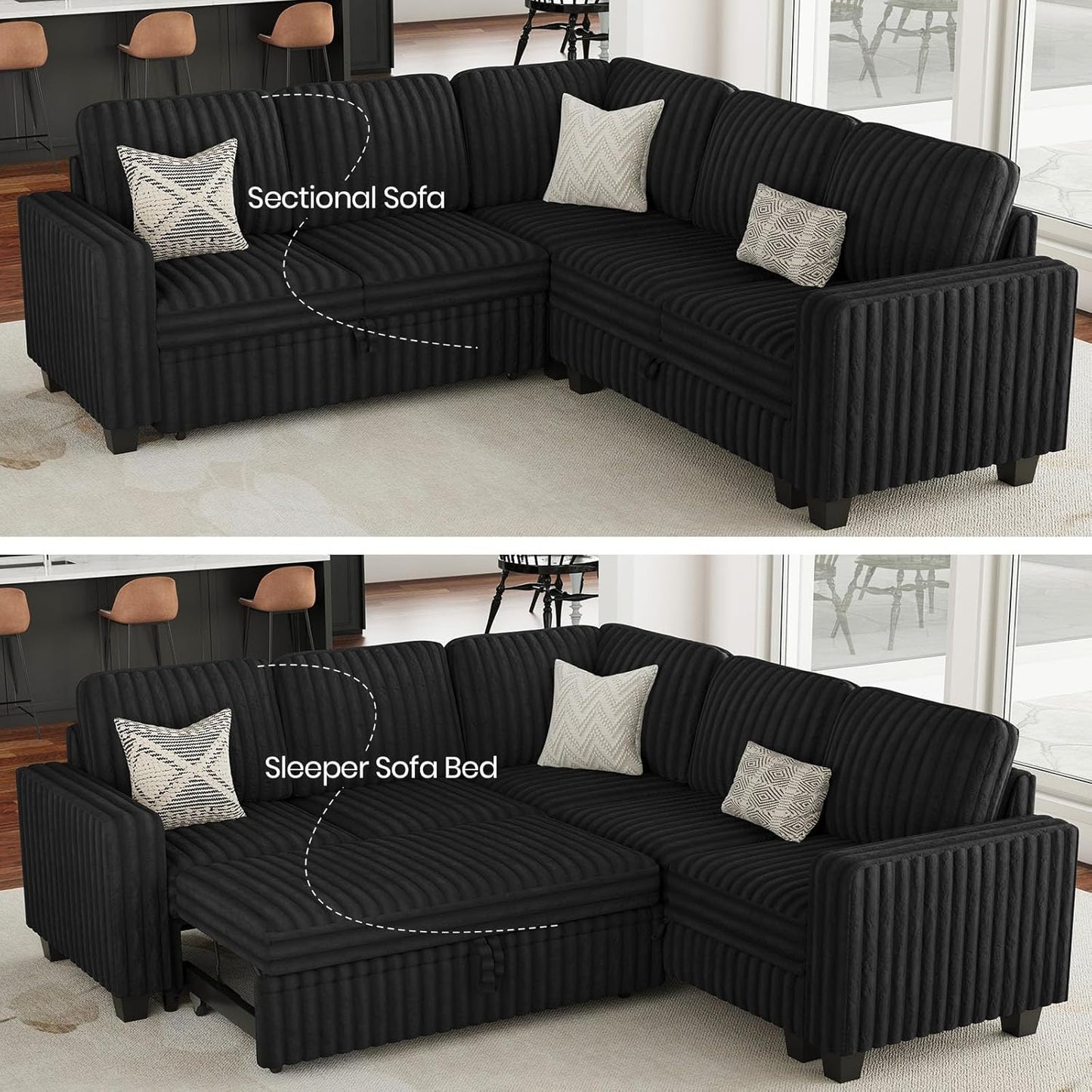 Belffin Plush Corduroy Modular Sectional Sofa with Pull Out Bed Convertible Small Sectional Corner Couch for Living Room Black Couch