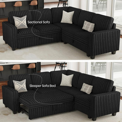 Belffin Plush Corduroy Modular Sectional Sofa with Pull Out Bed Convertible Small Sectional Corner Couch for Living Room Black Couch