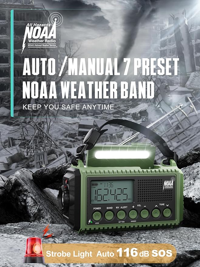 12000mAh Emergency Radio - AUTO NOAA Weather Alert, Solar Hand Crank AM/FM/SW/NOAA, Flashlight, Phone Charger, SOS Siren, Survival Kit for Camping, Storms, Power Outages