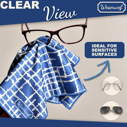WESERWEF Design Microfiber Glasses Cleaning Cloth – Premium Cleaning Cloth for Eyeglasses, Screens, Tablets, Cameras & Lenses, 12" x 12", Ultra-Soft & Scratch-Free (Blue)