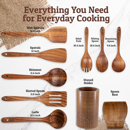 PriorityChef Premium Wooden Spoons for Cooking - 8pc with Utensil Holder, Spoon Rest and Hanging Hooks, Smooth Finish Teak Wooden Utensil Set, Heat-Resistant & Nonstick Safe, Ideal for Gifting