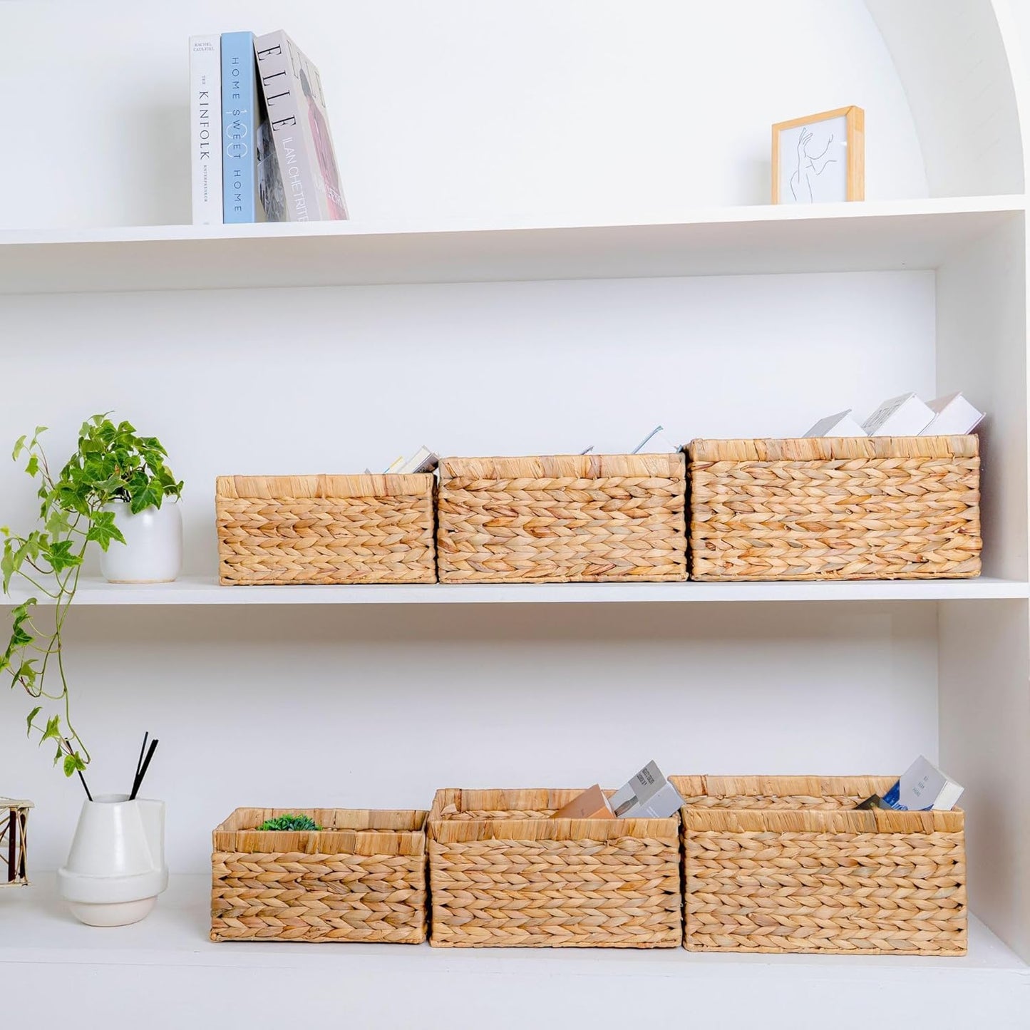 Set of 3 Wicker Storage Baskets for Shelves, Water Hyacinth Storage Baskets, Wicker Baskets for Storage, Kitchen Organizers and Storage Pantry (Set 3 SML)