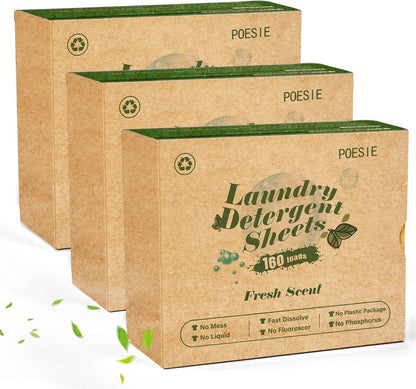 Poesie Laundry Detergent Sheets 3 Pack 480 Sheets 240 Loads Laundry Detergent for Travel Home Save Space Portable Laundry Strips Hypoallergenic Concentrated Soap Washing HE Fresh Scent