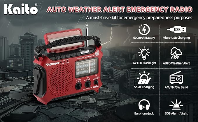 Kaito KA500RED 5-Way Powered Emergency AM/FM/SW Weather Alert Radio, Red