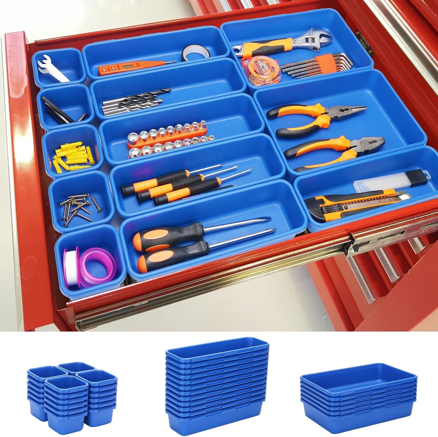 KeFanta 42 Pack Tool Box Organizer Tool Tray Dividers, Rolling Tool Chest Cart Cabinet Workbench Desk Drawer Organization and Storage for Hardware, Parts, Screws, Nuts, Small Tools Organization(Blue)