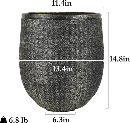 Worth Garden 12" Dia x 15" H Round Planter – Lightweight Magnesium Oxide Cement Plant Pot with Texture – Raised Pattern Concrete Look – Drainage Hole – Indoor & Outdoor Use - Black Gold