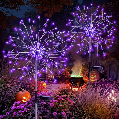 suddus 2 Pack Purple Halloween Lights Outdoor, 150LED Purple Solar Garden Lights with 8 Modes, Waterproof Solar Firework Light for Halloween Yard Garden Decorations