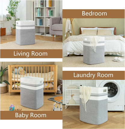 OIAHOMY Laundry Hamper, Tall Cotton Decorative Blanket Storage Basket with Handles for Living room,Collapsible Large Baskets for Toys,Pillows,Clothes Organizer-16x13x22in-Gray