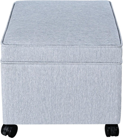Adeco 17.5" Square Fabric Ottoman with Storage, Upholstered Cotton Linen Foot Rest, Flip Top Footstool, Small Cube Coffee Table Extra Seat for Living Room, Bedroom, Ice Blue with Rolling Legs