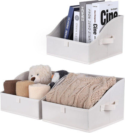 WUIKE Closet Storage Bins, Large Trapezoid Storage Boxes with Handles, Fabric Storage Baskets for Organizing Clothes, Sheets, Blankets, Decorative Storage Bins, White & Beige