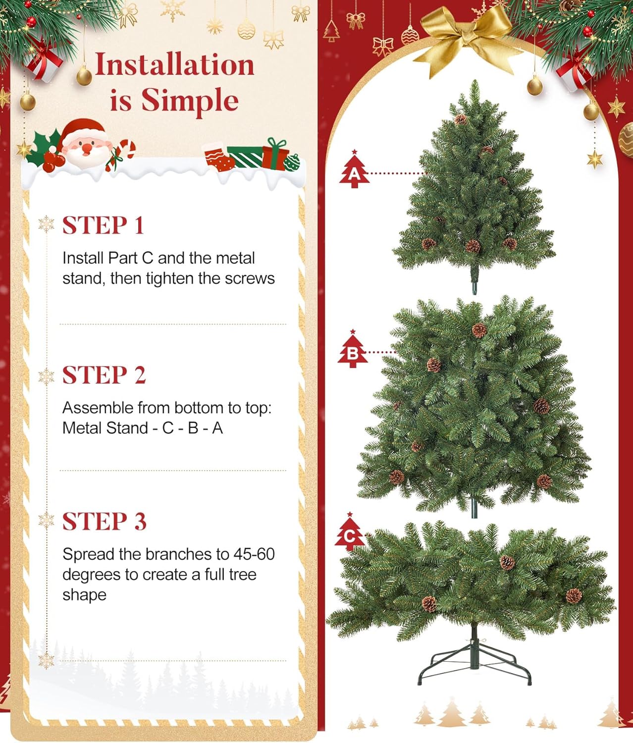 Decoway 7FT Artificial Christmas Tree: Unlit Green Xmas Pine with Pinecones and Metal Stand for Indoor - Holiday Decoration for Porch Living Room Easy Assembly