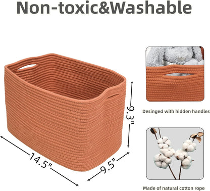 Cotton Rope storage Basket Bins Woven Basket for Organizing Shelves Rectangle Decorative Baskets For storage Clothes Toys Books Towels Square Wicker Nursery basket organizer 3 pack Rust