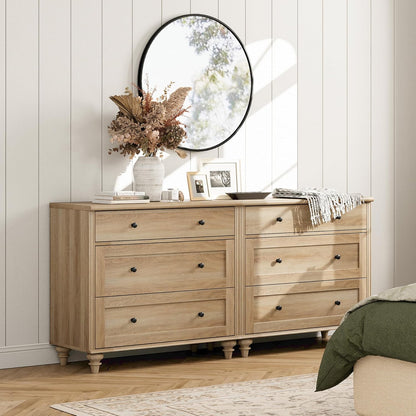 WAMPAT Kids Dresser for Bedroom with 6 Drawers, Oak Baby Dressers with Wide Chest of Drawers, Mid Century Modern Wooden Closet Storage Organizer, Large Wood Dressers for Living Room, Nursery, Hallway