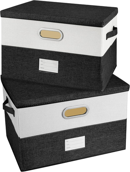Large Linen Fabric Foldable Storage Bins with Removable Lid and Handles, Washable Storage Box Organizer Containers Baskets Cube with Cover for Bedroom,Office (Black&White, Medium(2-Pack))