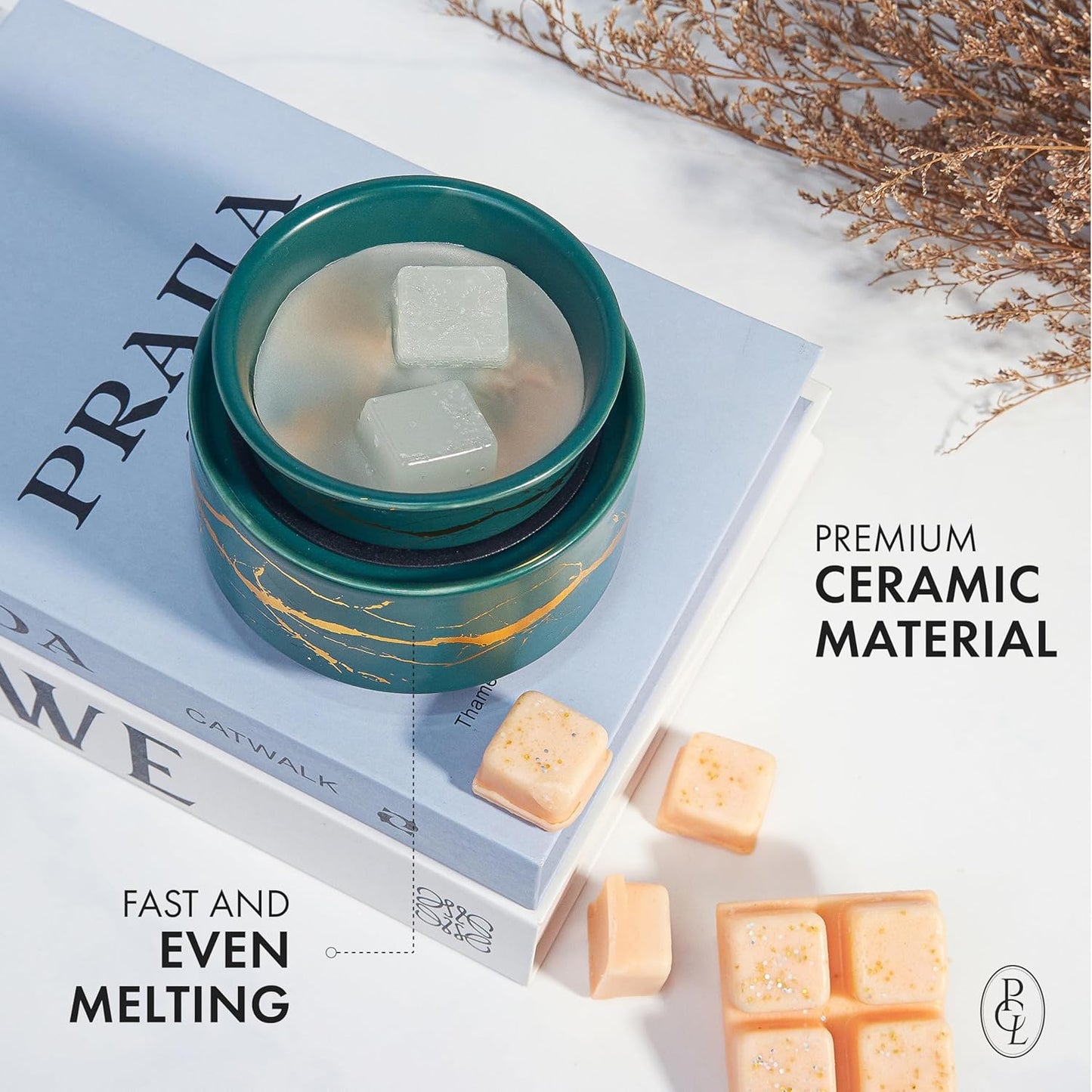 PALANCHY Wax Melt Warmer Ceramic 2-in-1 Oil Burner Electric Candle Wax Warmer Burner Melter Fragrance Warmer for Scented Waxs Home Office Bedroom Aromatherapy Gift& Décor (Green Gold)