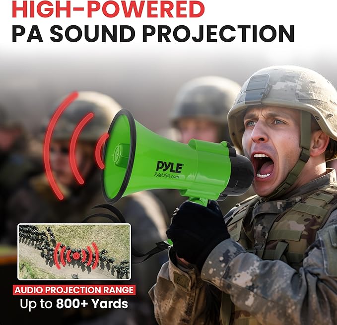 Pyle Compact Battery-Operated Megaphone with Siren - 30 Watt Power, Microphone, 2 Modes, PA Sound, Bullhorn, Foldable Handle for Cheerleading, Police Use (Green)