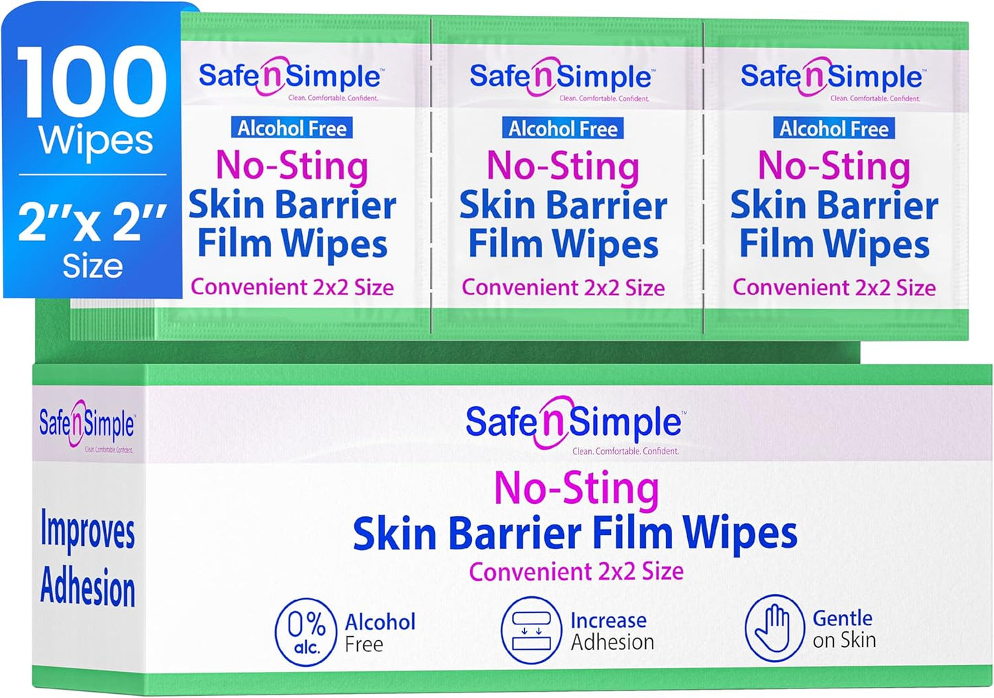 Safe n' Simple No Sting Skin Prep Wipes - 100 Individual Ostomy Barrier Film 2.4" x 2.4" - Skin Barrier Film Wipes for Ostomy - Protective Sting Free Skin Barrier
