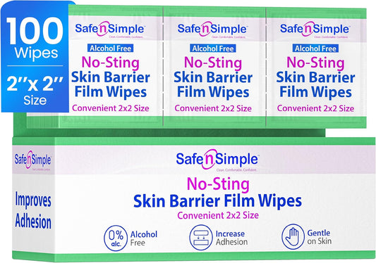 Safe n' Simple No Sting Skin Prep Wipes - 100 Individual Ostomy Barrier Film 2.4" x 2.4" - Skin Barrier Film Wipes for Ostomy - Protective Sting Free Skin Barrier