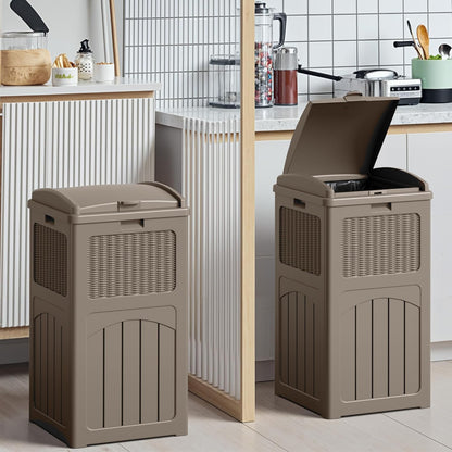 Devoko 33 Gallon Outdoor Trash Can with Dual Lid, Heavy Duty Waterproof Resin Garbage Bins Outside, Hideaway Waste Bins for Patio, Outside Pool, Backyard and Deck (2, Brown)