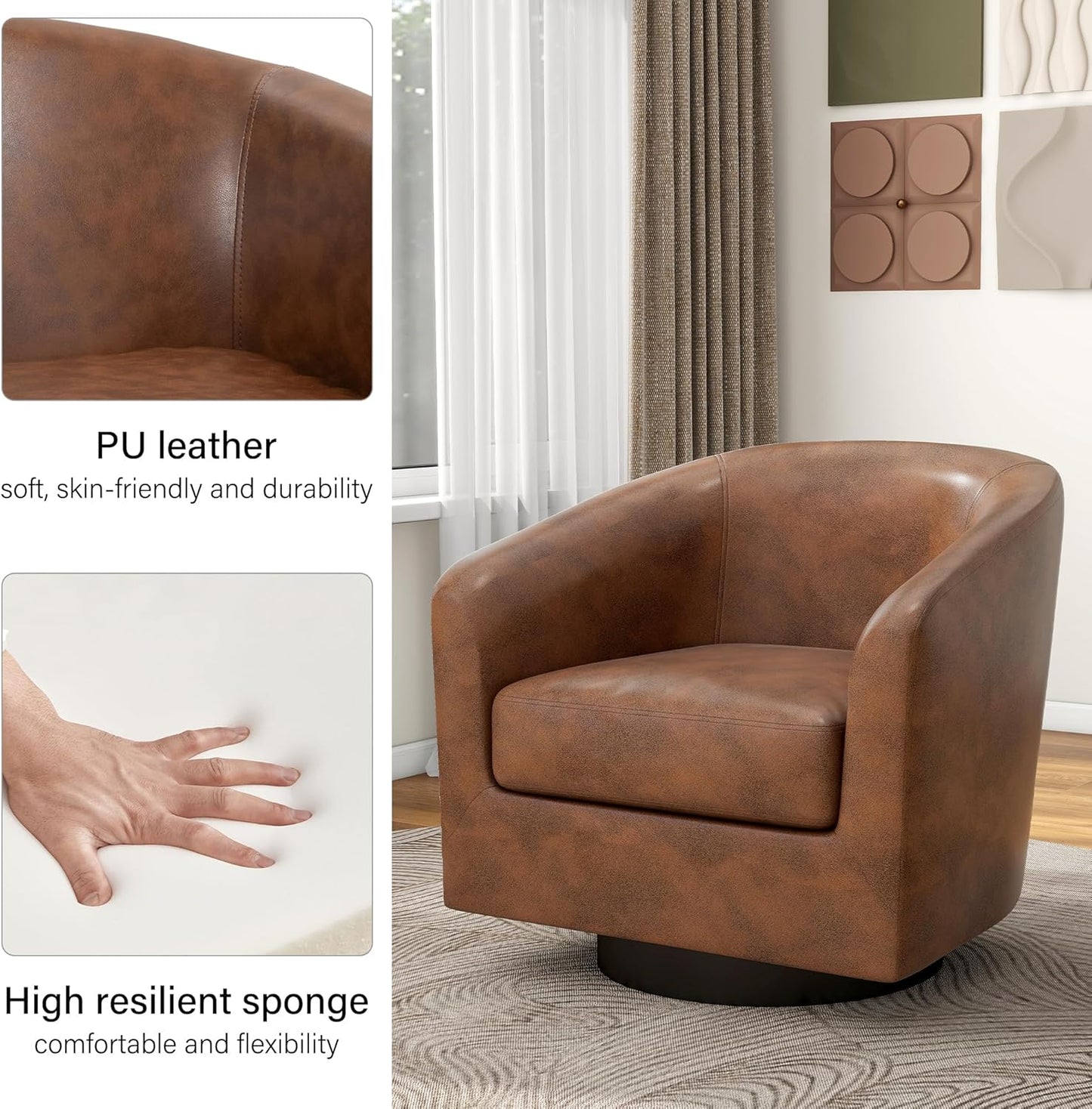Swivel Barrel Accent Chair, Modern Round Faux Leather Arm Chair for Living Room, Bedroom, Comfy Club Reading Chairs for Adults(Faux Leather, Coffee, Set of 4)