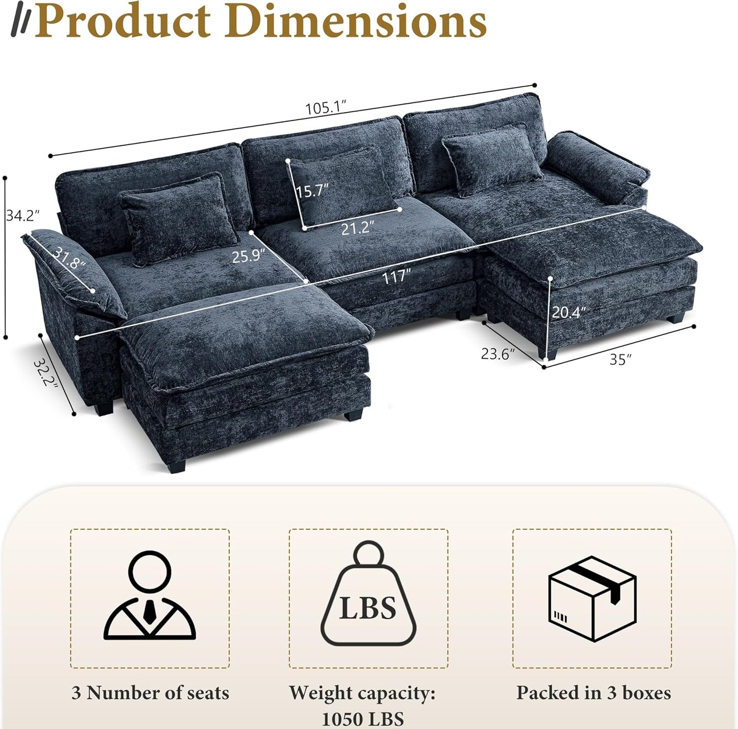 URRED Modular Sectional Sofa Comfy Cloud Couch, Modern Chenille Sofa Sleeper Deep Seat Couches with Ottoman/Pillows for Living Room (Blue, 117'' - U Shape)