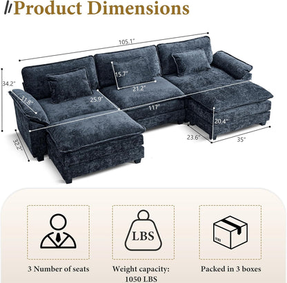 URRED Modular Sectional Sofa Comfy Cloud Couch, Modern Chenille Sofa Sleeper Deep Seat Couches with Ottoman/Pillows for Living Room (Blue, 117'' - U Shape)