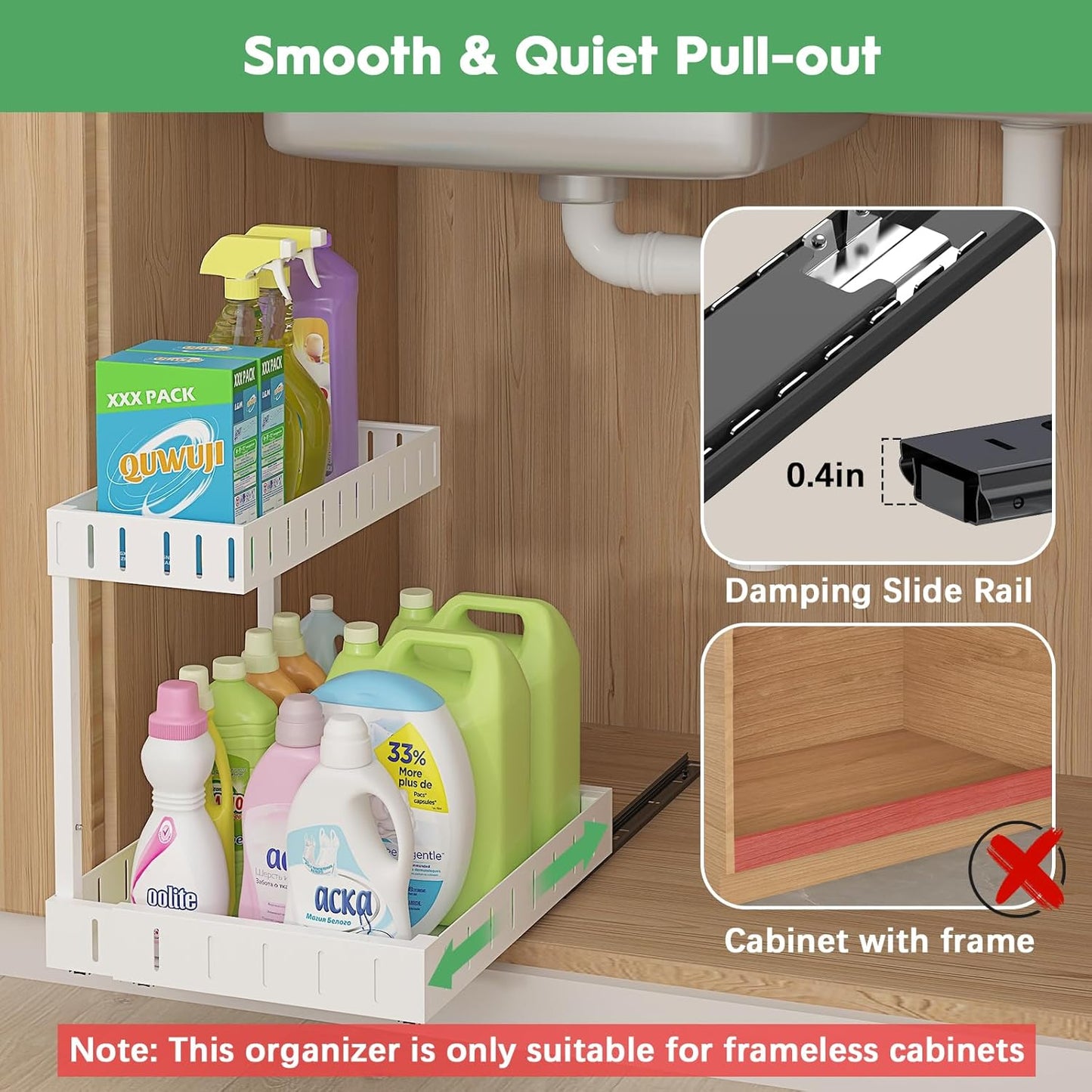 REALINN Under Sink Organizer, 2 Tier Expandable Under Cabinet Organizer, Heights Adjustable Pull Out Storage for Kitchen Bathroom Laundry, White, 2 Pack