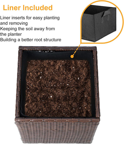 SUNNYPARK Set of 2 Large Square Planter with Removable Liner, All-Weather PE Rattan Modern Planters Indoor Outdoor Flower Plant Pots Garden Box Patio Yard Front Porch Deck