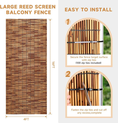ZNCMRR Natural Reed Fencing Rolls,4FT X 16.4FT Reed Screen Curtain Balcony Reed Fence for Outdoor Backyard Patio（Brown）
