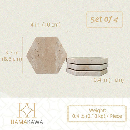 Real Natural Marble Coasters Set of 4, Vintage Stone Coasters 4 Inch, Hexagon Travertine Drink Coaster for Coffee Table, Living Room, Office Decor