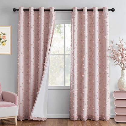 MYSKY HOME 100% Blackout Curtains for Nursery Thermal Insulated Blush Pink Pom Pom Curtain 72 Inch Length for Girls Bedroom 2 Panels Grommet White Sheer Drapes for Kitchen Dining Room Door, 52W x 72L