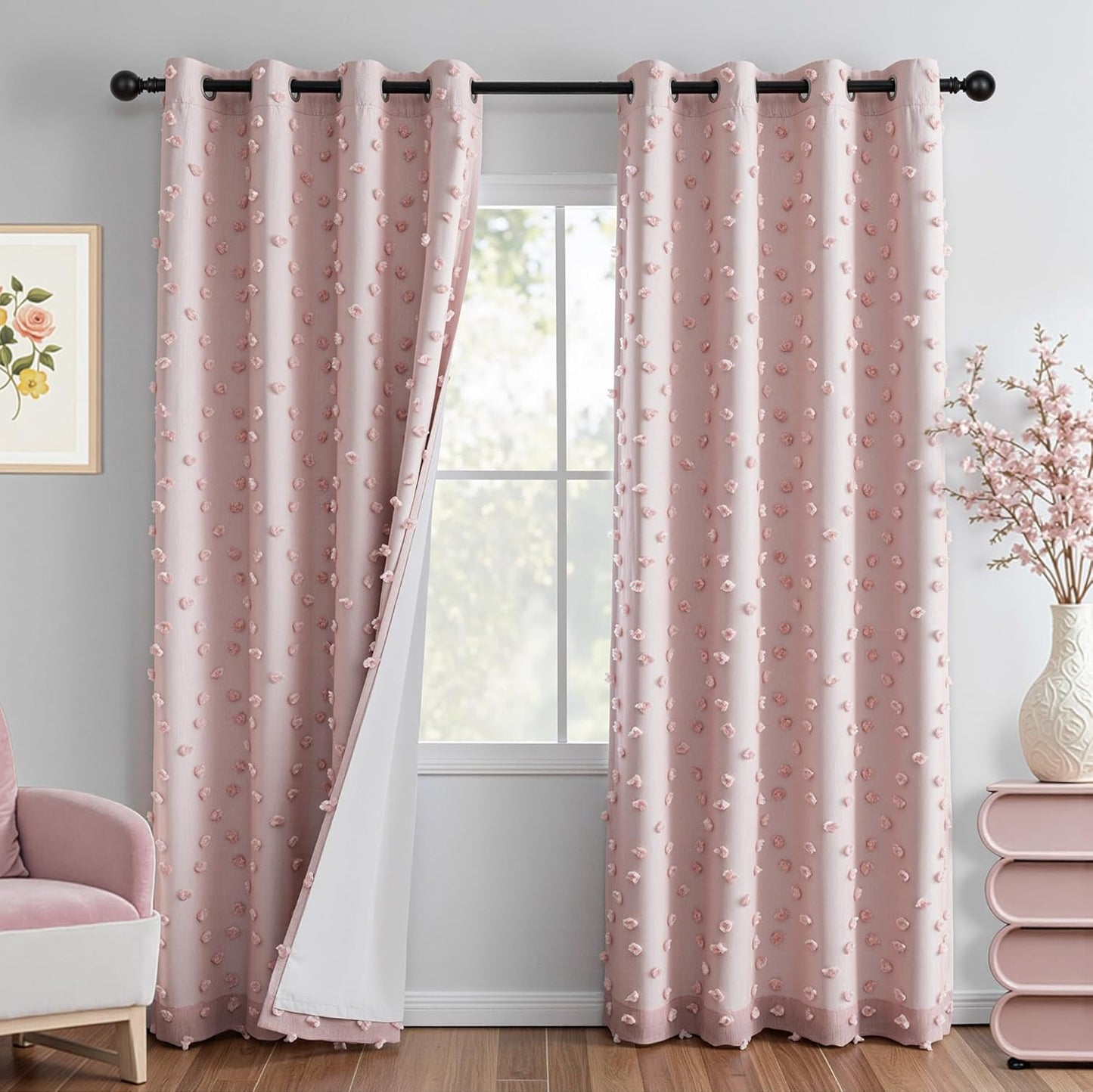 MYSKY HOME 100% Blackout Curtains for Girls Bedroom 90 Inch Long Total Room Darkening Curtain for Living Room 2 Panels Grommet Light Blocking Sliding Door Drapes Blush Pink Pom Pom Sheer 52" x 90"