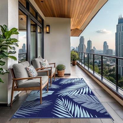 GENIMO Outdoor Rug 8' x 10' Waterproof for Patios Clearance, Reversible Outdoor Plastic Straw Camping Rug Carpet, Large Area Rugs Mats for RV, Camper, Deck, Balcony, Porch, Beach, Navy Blue&Baby Blue